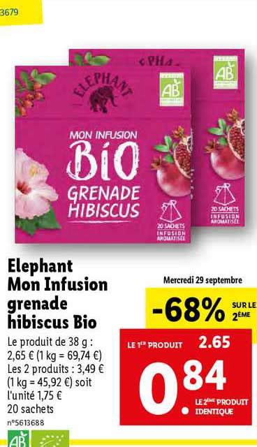 Promo éléphant Mon Infusion Grenade Hibiscus Bio chez Lidl iCatalogue fr