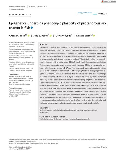Pdf Epigenetics Underpins Phenotypic Plasticity Of Protandrous Sex Change In Fish