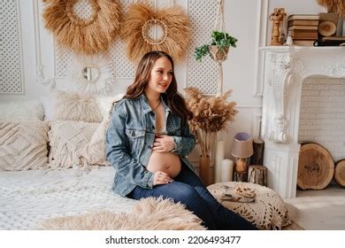 Beautiful Pregnant Woman Denim Jacket Naked Stock Photo