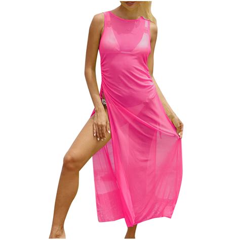Fatyb Women S Long Swimsuit Coverup Mesh Sleeveless Bathing Suit Cover Up Side Drawstring Bikini