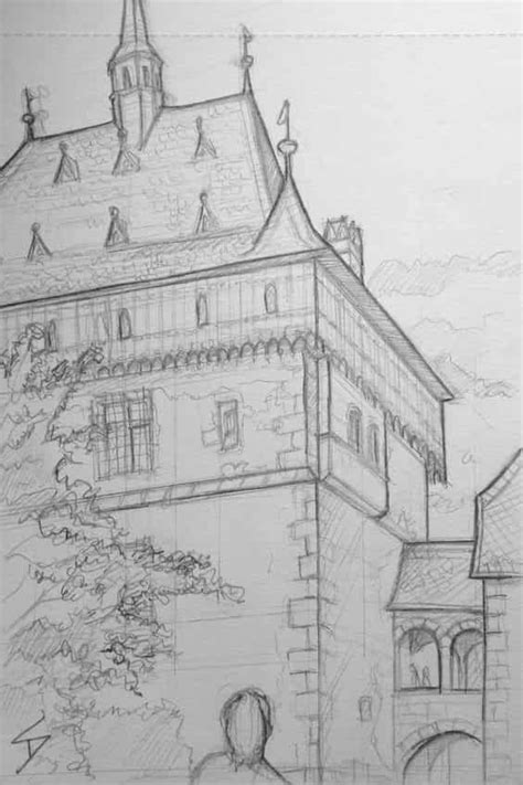 A Drawing Of A Building With A Clock Tower