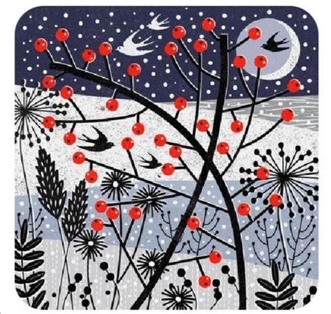 Winter Folk Art Painting with Flowers and Birds