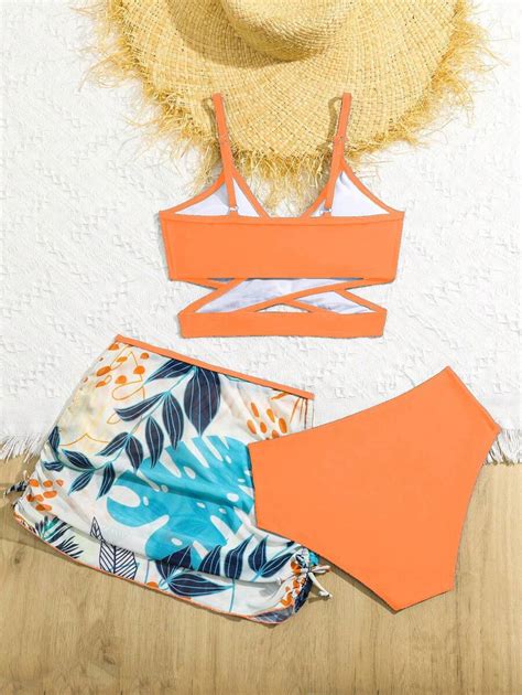 Tween Girl Beach Pool Vacation Solid Color Bikini Set With Plant Print Cover Up Bathing Suit