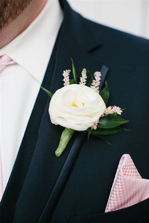 White Ranunculus Boutonniere With Light Pink Astilbe Lisa Foster Floral