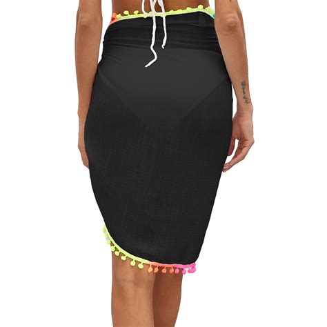 Women Beach Sarongs Sexy Sheer Mesh Swimsuit Wrap Skirt Bikini Cover Up With Colorful Pompom