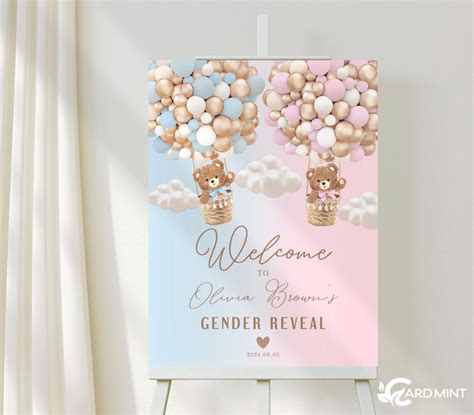 Editable Welcome Teddy Bear Party Sign Blue Pink Hot Air Balloon Baby Shower Sign Digital