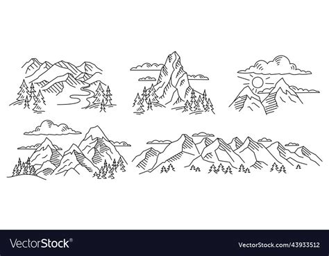 Mountains landscape line sketch set Royalty Free Vector