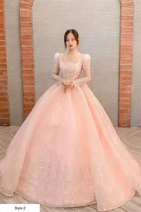 Light Pink Sparkle Long Sleeves Ball Gown Wedding Dress With | Etsy