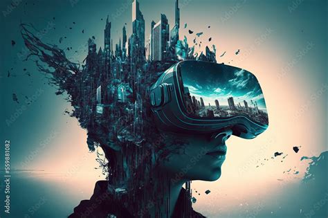 Vr Headset Double Exposure Metaverse Futuristic Virtual World State