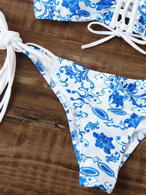 Blue Floral Print Lace Up Strappy Bikini Set SheIn Sheinside