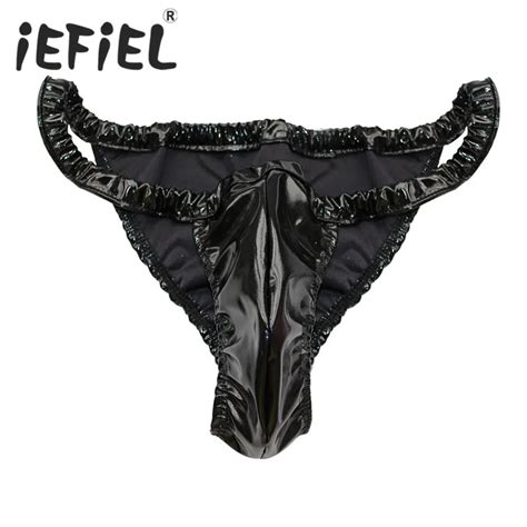 IEFiEL Sexy Mens Male Lingerie Patent Leather Sequins Spandex Latex Rubber Briefs Underwear