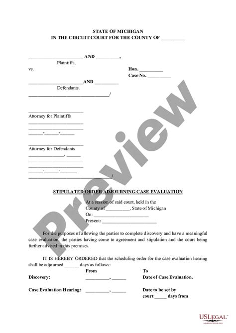 Michigan Stipulated Order Adjourning Case Evaluation Us Legal Forms