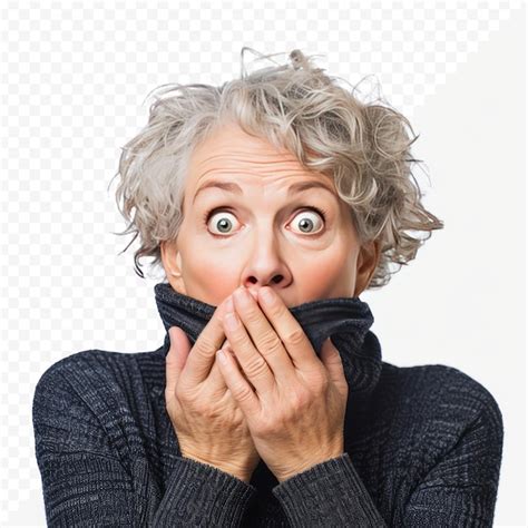 Une Femme Mature Surprise Tenant Sa Main Contre Sa Bouche Et Regardant La Caméra Isolée Sur Un
