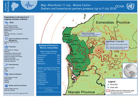 Ecuador Earthquake - Map: Aftershocks 11 July, Muisne Canton | Shelters ...