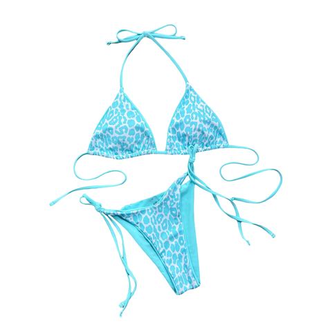 Women Pieces Bikini Swimsuits Leopard Print Tie Up Halter Neck Padded Bra Thong Bottoms Beach