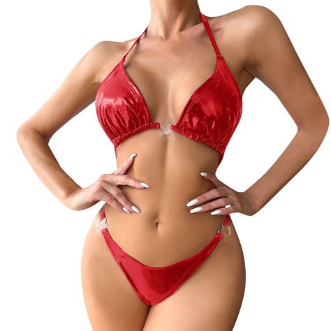 Sngxgn Women Lingerie Nightwear Outfits Pure Color Lace Top Bra Thong Halter Sex Red L