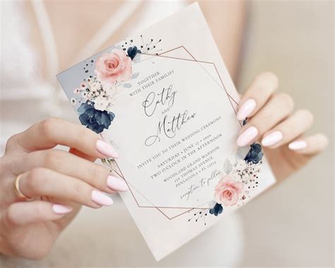 Navy Blue And Blush Pink Wedding Invitation Template Set Etsy UK