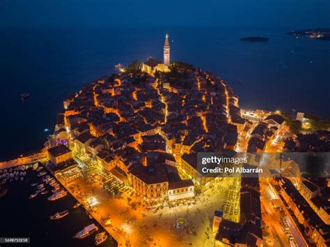Beautiful Rovinj At Night Evening Church Of Saint Euphemia Aerial Photo