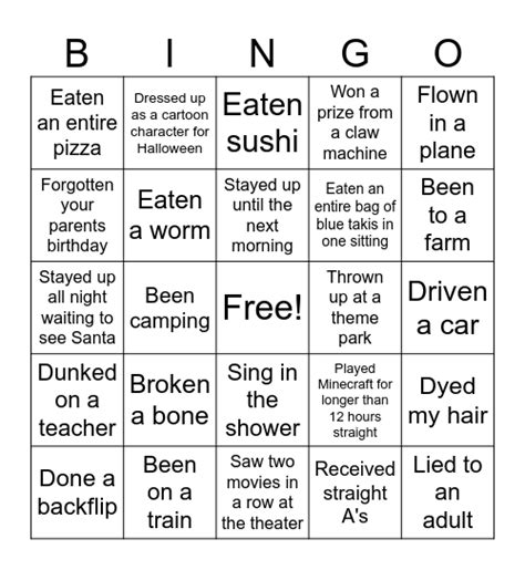 Never Have I Ever Bingo Card