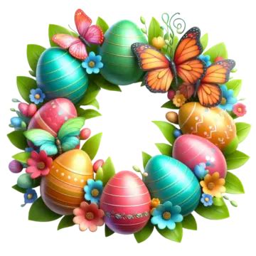 Easter Holiday Wreath With Colorful Eggs Flowers And Palnt Herbs Round