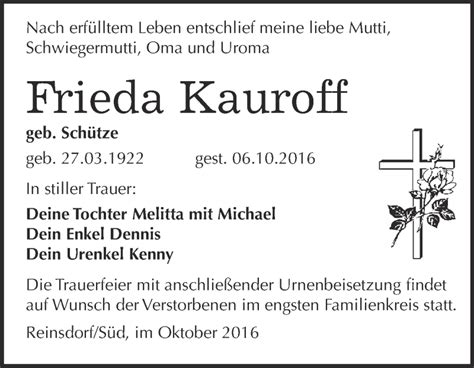 Traueranzeigen Von Frieda Kauroff Abschied Nehmen De