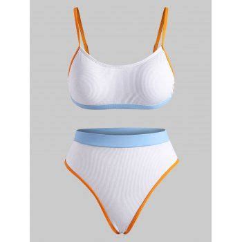 Off Ribbed Contrast Piping High Cut Bikini Swimwear In White Dresslily