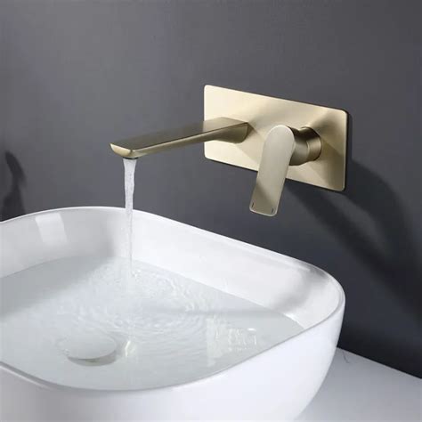 All Copper Wall Faucet Brushed Gold Color Hot And Cold Concealed Hidden Wall Washbasin Basin