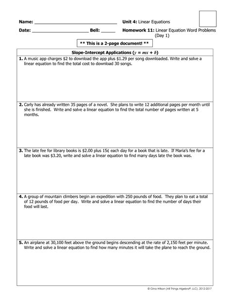 Word Problems Slope Intercept Standard Form Ashley Dauzat Library