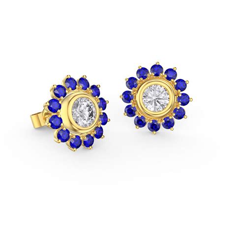 Infinity Moissanite 18ct Yellow Gold Stud Earrings Sapphire Halo Jacket