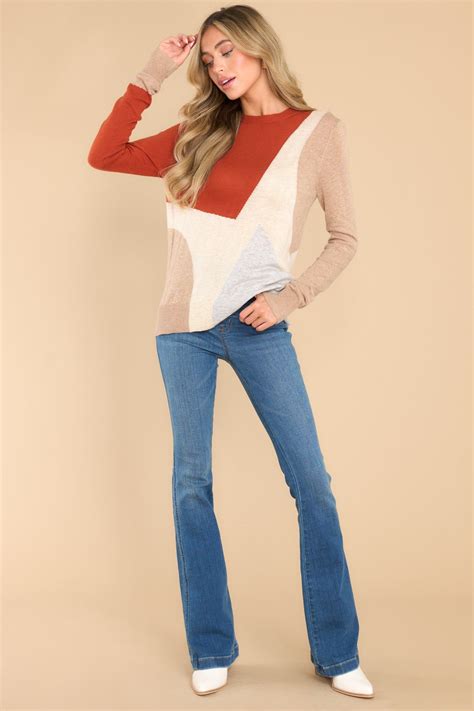 Adorable Rust Print Sweater Comfy Casual Red Dress