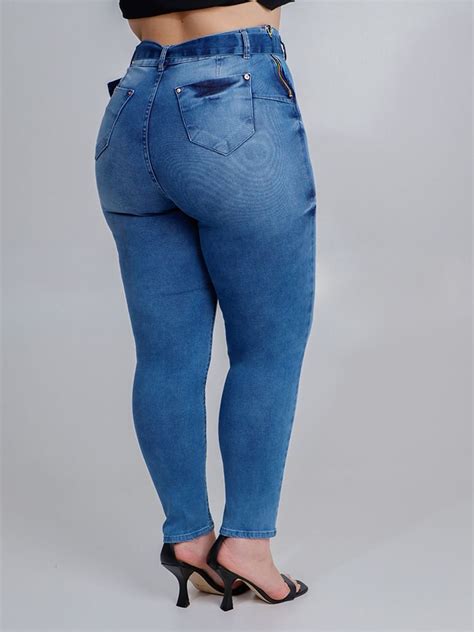 Calça Jeans Cropped Com Zíper Lateral Cinto Edex Jeans Azul