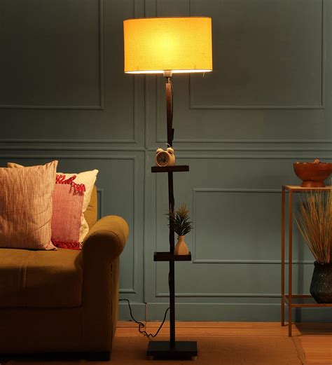 Buy Frappe Yellow Fabric Shade Shelf Floor Lamp With Wood Base By