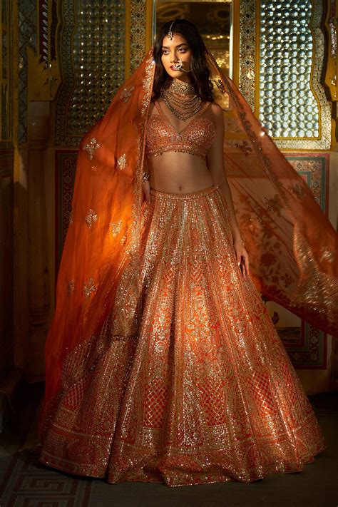 Buy Orange Raw Silk Embroidered Gota Patti Work Bridal Lehenga Set For