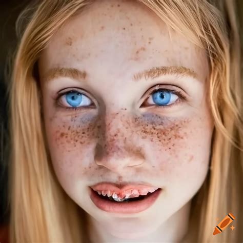 A Smiling Woman With Strawberry Blonde Hair And Blue Eyes And Freckles With Pale Skin And Braces