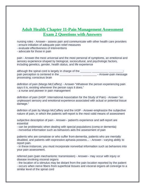 Adult Health Chapter 11-Pain Management Assessment Exam 2 Questions