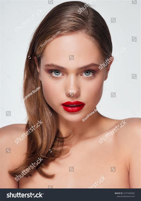Beautiful Woman Naked Shoulders Red Lips Stock Photo Shutterstock