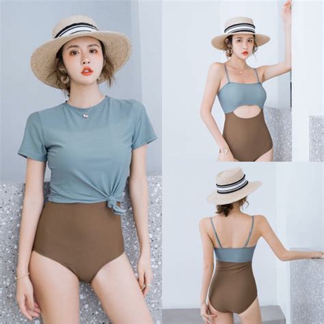 Japan Korea Women Swimwear Piece Matching Color Bikini Swimsuit With Bubble And Lining