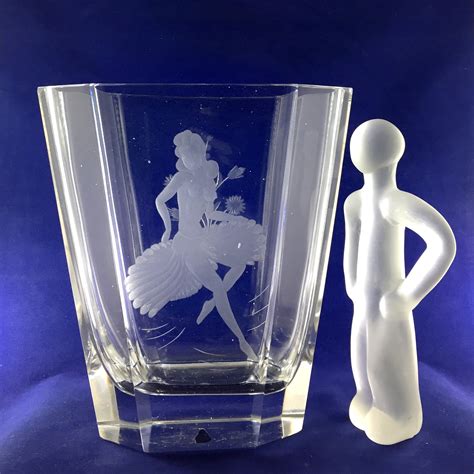 Kosta Engraved Swedish Vase Semi Nude Woman W Feather Skirt And Flowers Designed By Elis