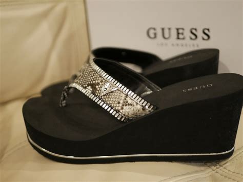 New Womens Guess Black Snake Wedge Flip Flops Sarry Rhinestones Sizes