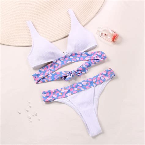 AnQingLueLv Ruffle Floral Bikini Solid Swimsuit Lace Up Biquinis