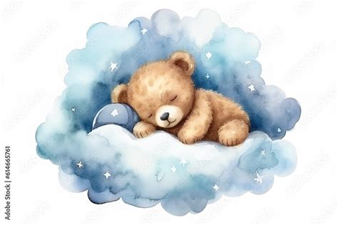 Cute Baby Teddy Bear Sleeping On The Cloud Painted In Watercolor On A