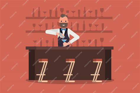 Улыбающийся бармен за работой с шейкером за витриной | Премиум векторы