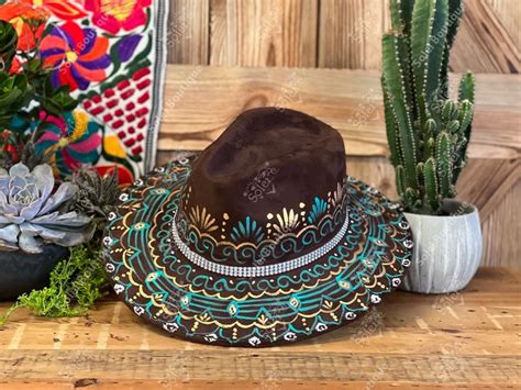 Mexican Suede Hand Painted Hat Floral Artisanal Hat Mexican Hat For