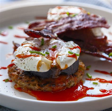 Potato Rosti With Black Pudding Poached Egg Crispy Maple Sriracha