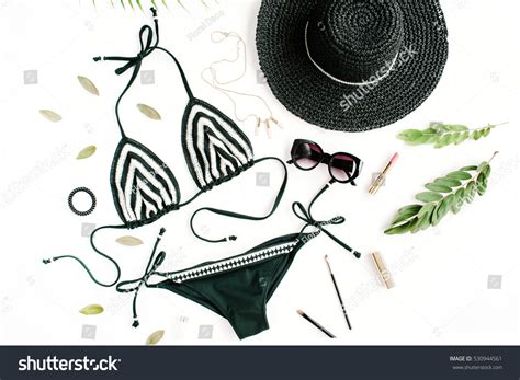 Female Summer Bikini Swimsuit Accessories Collage Stock Photo