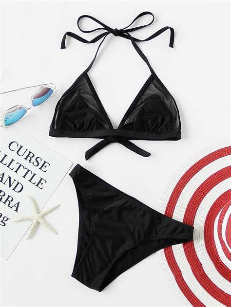 Mesh Insert Triangle Bikini Set Shein Sheinside