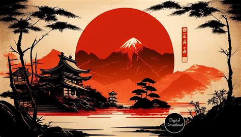 Traditional Japanese Village at Sunset With Mountain Scenery Printable ...