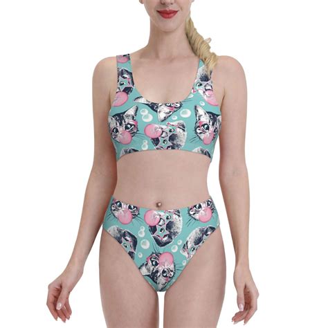Logiee Bubble Cat Cute Print Women S 2 Piece Bikini Set Halter Bathing Suit High Waisted Bikini