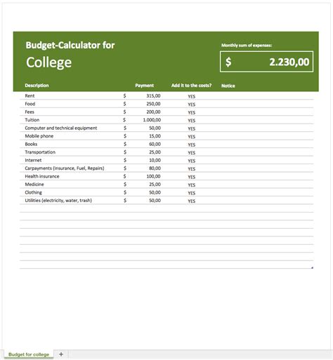 budget planner  college students excel templates   purpose