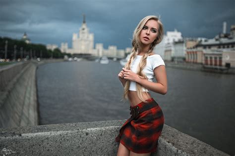 Women Model Blonde Ponytail Skirt River City Looking Away